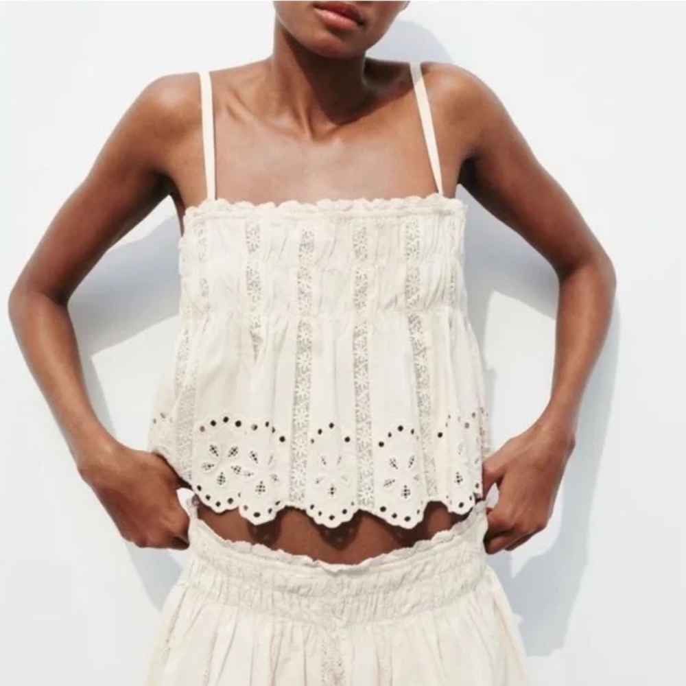 Zara Cream Embroidered Strappy Top NWT